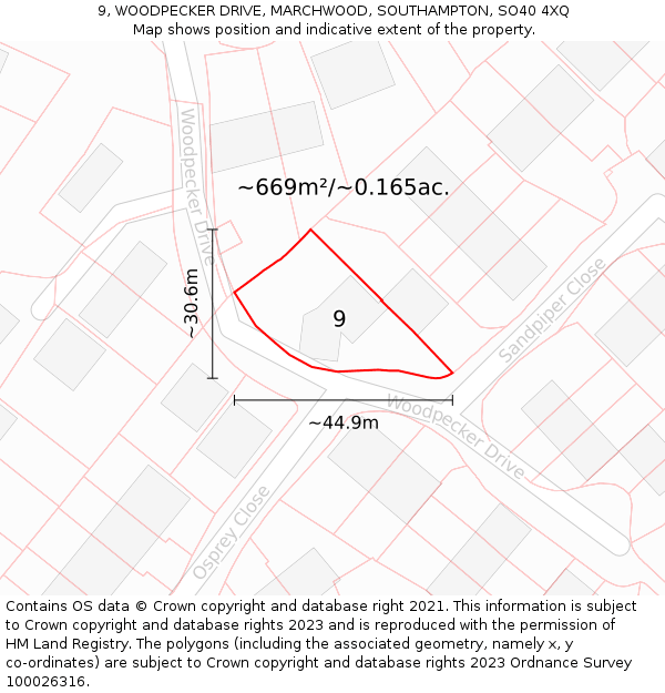9, WOODPECKER DRIVE, MARCHWOOD, SOUTHAMPTON, SO40 4XQ: Plot and title map