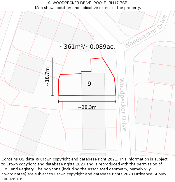 9, WOODPECKER DRIVE, POOLE, BH17 7SB: Plot and title map