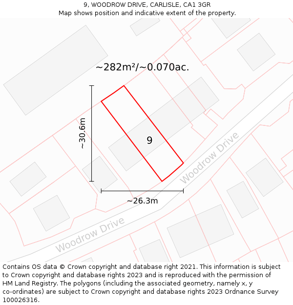 9, WOODROW DRIVE, CARLISLE, CA1 3GR: Plot and title map