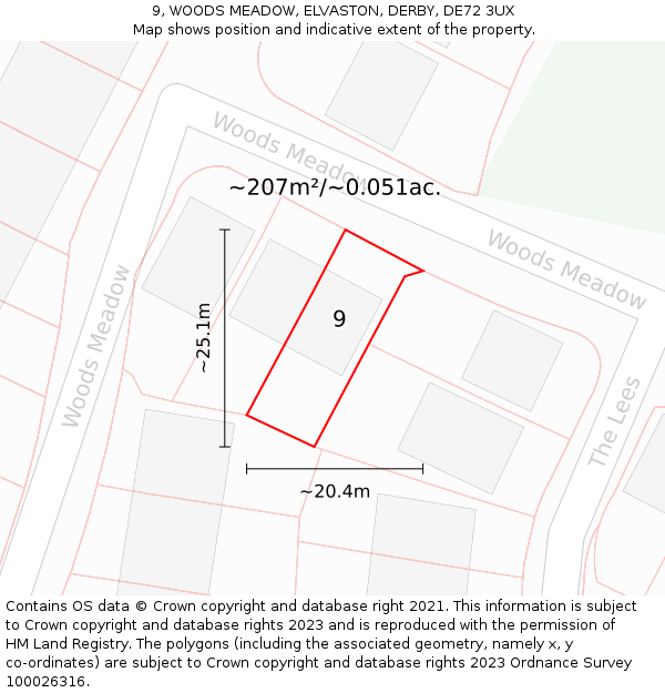9, WOODS MEADOW, ELVASTON, DERBY, DE72 3UX: Plot and title map