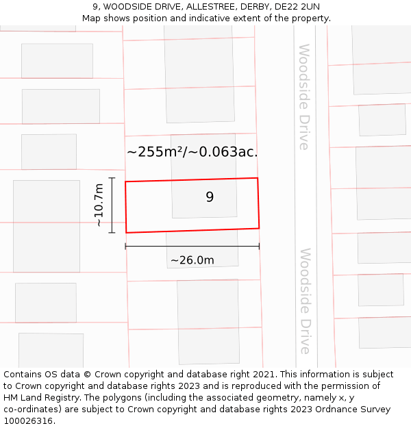 9, WOODSIDE DRIVE, ALLESTREE, DERBY, DE22 2UN: Plot and title map