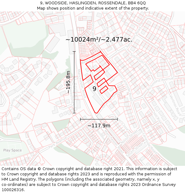 9, WOODSIDE, HASLINGDEN, ROSSENDALE, BB4 6QQ: Plot and title map
