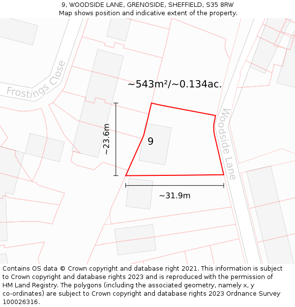 9, WOODSIDE LANE, GRENOSIDE, SHEFFIELD, S35 8RW: Plot and title map