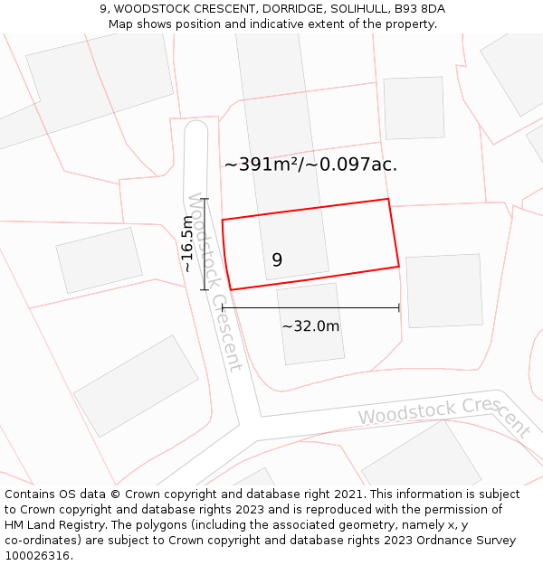 9, WOODSTOCK CRESCENT, DORRIDGE, SOLIHULL, B93 8DA: Plot and title map