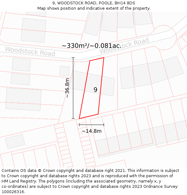 9, WOODSTOCK ROAD, POOLE, BH14 8DS: Plot and title map