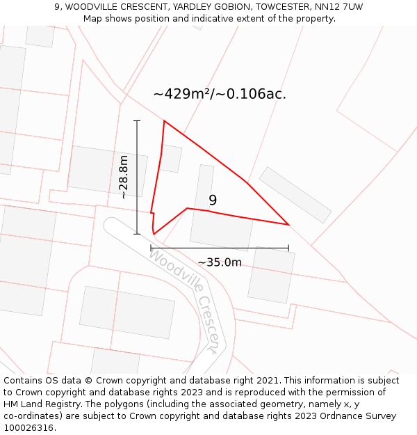 9, WOODVILLE CRESCENT, YARDLEY GOBION, TOWCESTER, NN12 7UW: Plot and title map