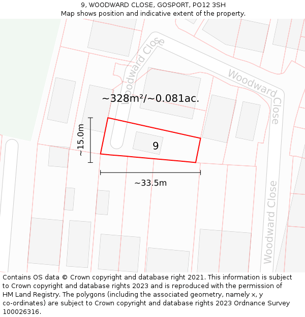 9, WOODWARD CLOSE, GOSPORT, PO12 3SH: Plot and title map