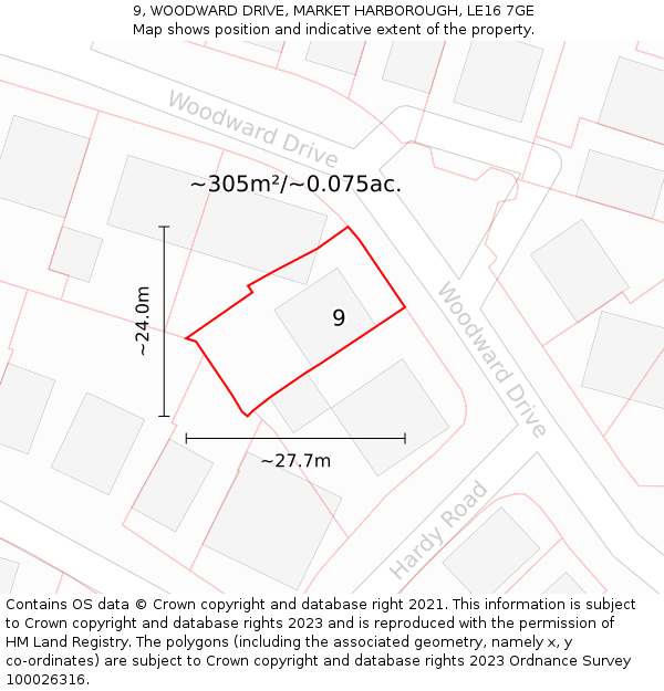 9, WOODWARD DRIVE, MARKET HARBOROUGH, LE16 7GE: Plot and title map