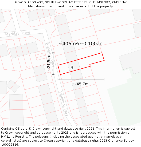 9, WOOLARDS WAY, SOUTH WOODHAM FERRERS, CHELMSFORD, CM3 5NW: Plot and title map