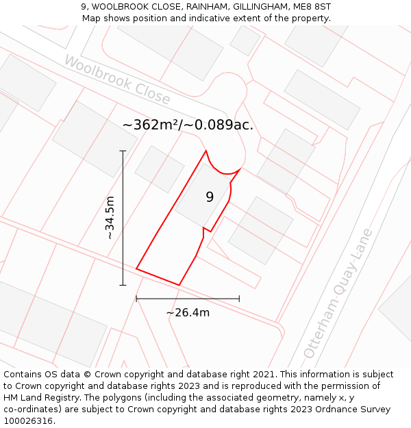 9, WOOLBROOK CLOSE, RAINHAM, GILLINGHAM, ME8 8ST: Plot and title map