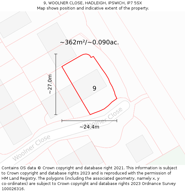 9, WOOLNER CLOSE, HADLEIGH, IPSWICH, IP7 5SX: Plot and title map
