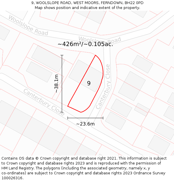 9, WOOLSLOPE ROAD, WEST MOORS, FERNDOWN, BH22 0PD: Plot and title map