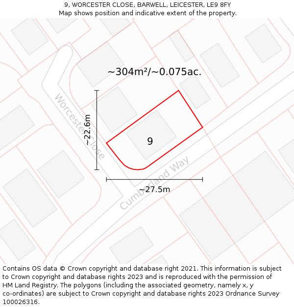 9, WORCESTER CLOSE, BARWELL, LEICESTER, LE9 8FY: Plot and title map