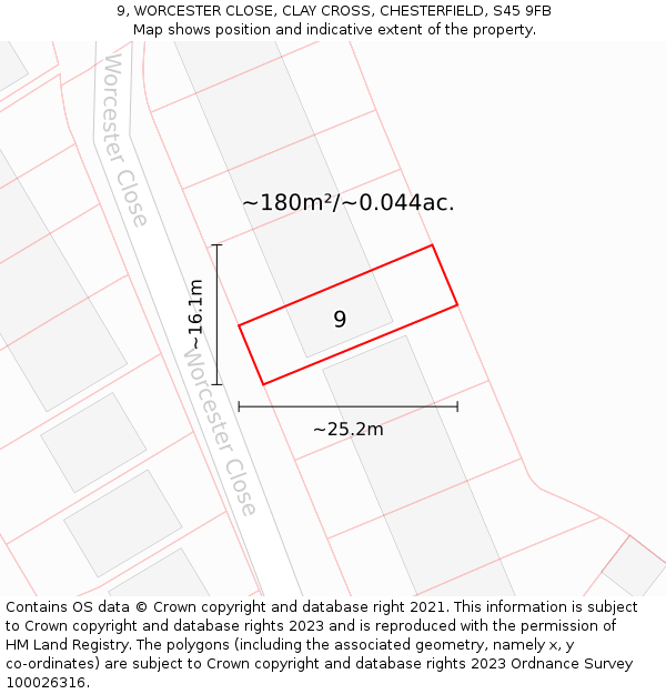 9, WORCESTER CLOSE, CLAY CROSS, CHESTERFIELD, S45 9FB: Plot and title map