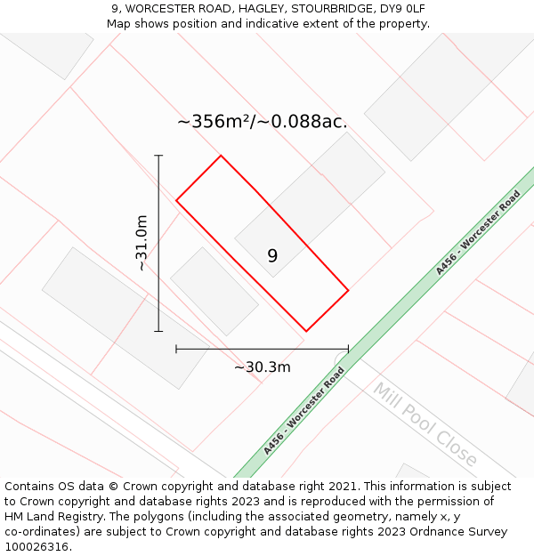 9, WORCESTER ROAD, HAGLEY, STOURBRIDGE, DY9 0LF: Plot and title map