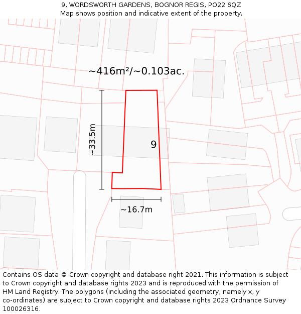 9, WORDSWORTH GARDENS, BOGNOR REGIS, PO22 6QZ: Plot and title map