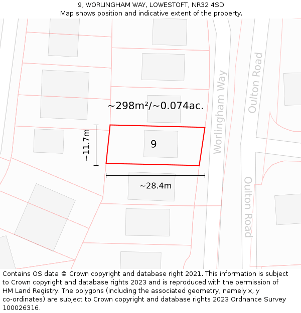 9, WORLINGHAM WAY, LOWESTOFT, NR32 4SD: Plot and title map