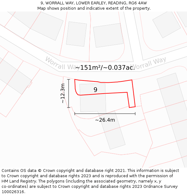 9, WORRALL WAY, LOWER EARLEY, READING, RG6 4AW: Plot and title map