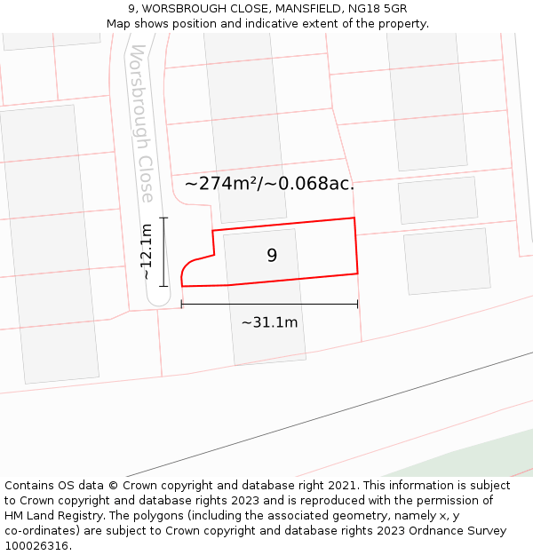 9, WORSBROUGH CLOSE, MANSFIELD, NG18 5GR: Plot and title map