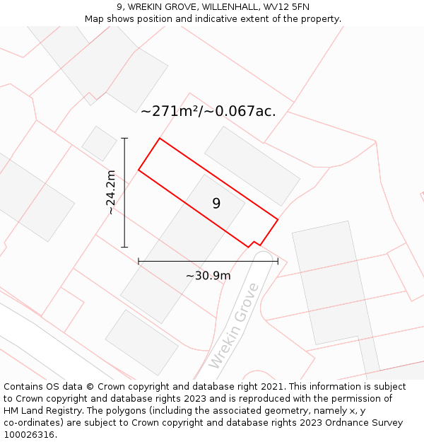 9, WREKIN GROVE, WILLENHALL, WV12 5FN: Plot and title map