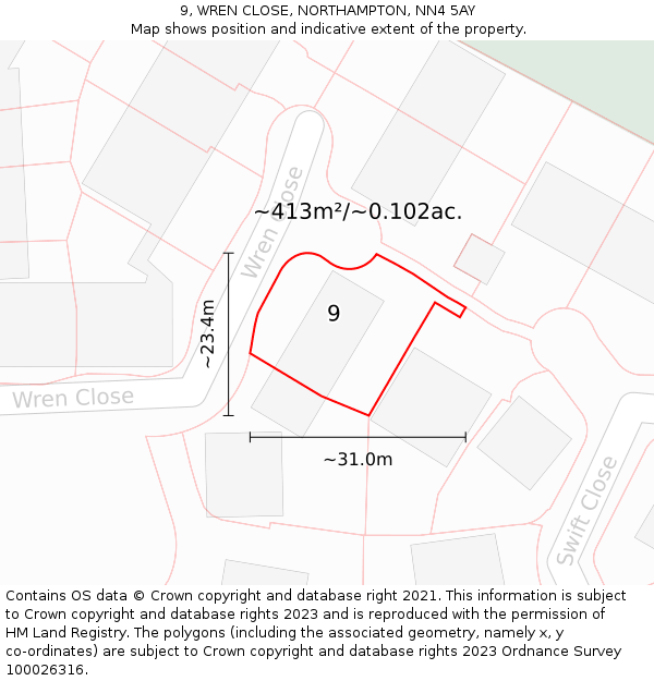 9, WREN CLOSE, NORTHAMPTON, NN4 5AY: Plot and title map