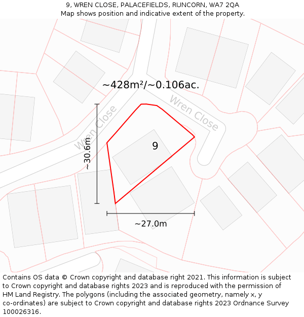 9, WREN CLOSE, PALACEFIELDS, RUNCORN, WA7 2QA: Plot and title map