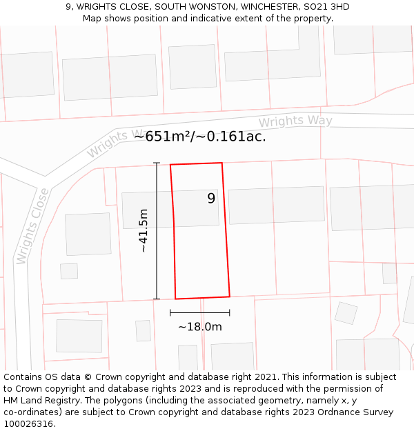 9, WRIGHTS CLOSE, SOUTH WONSTON, WINCHESTER, SO21 3HD: Plot and title map