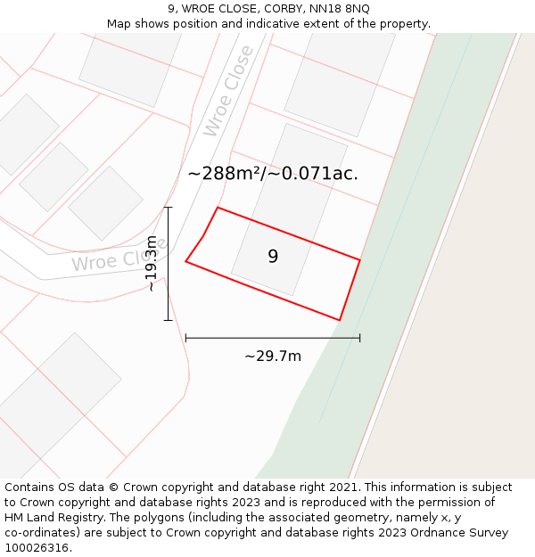 9, WROE CLOSE, CORBY, NN18 8NQ: Plot and title map