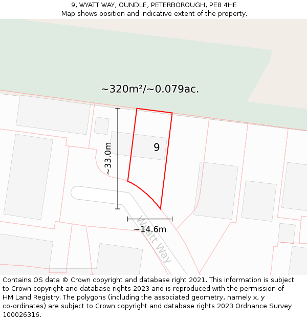 9, WYATT WAY, OUNDLE, PETERBOROUGH, PE8 4HE: Plot and title map
