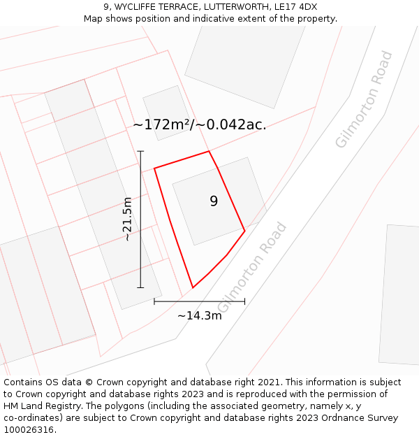 9, WYCLIFFE TERRACE, LUTTERWORTH, LE17 4DX: Plot and title map