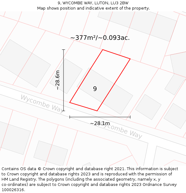 9, WYCOMBE WAY, LUTON, LU3 2BW: Plot and title map