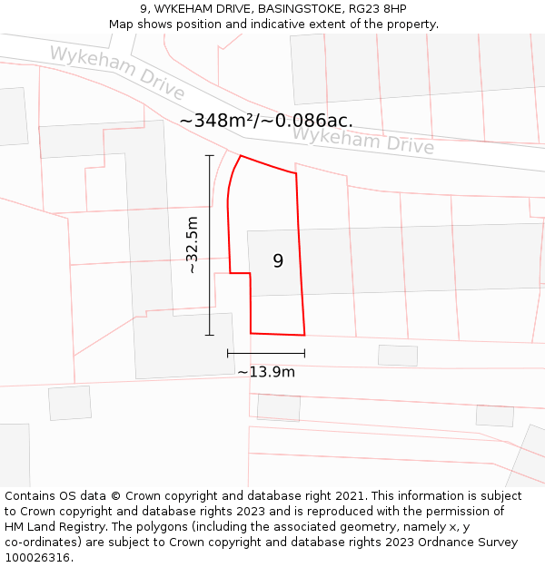9, WYKEHAM DRIVE, BASINGSTOKE, RG23 8HP: Plot and title map