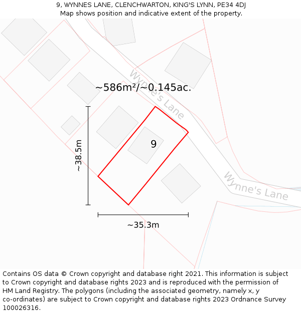 9, WYNNES LANE, CLENCHWARTON, KING'S LYNN, PE34 4DJ: Plot and title map