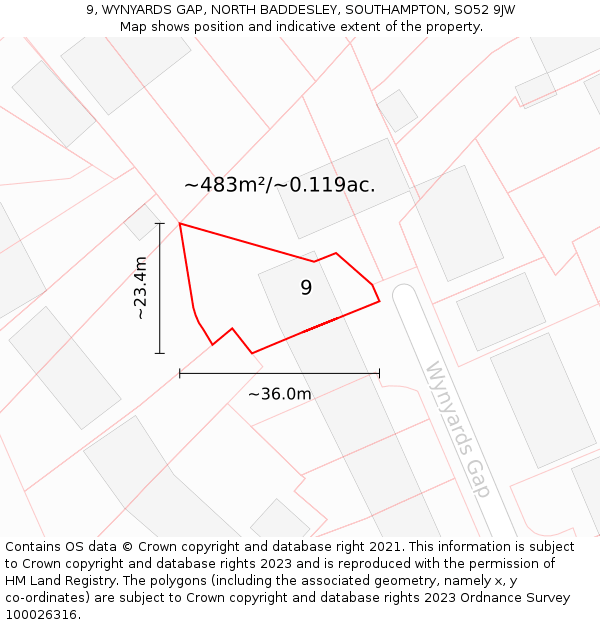9, WYNYARDS GAP, NORTH BADDESLEY, SOUTHAMPTON, SO52 9JW: Plot and title map