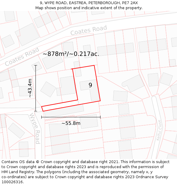 9, WYPE ROAD, EASTREA, PETERBOROUGH, PE7 2AX: Plot and title map