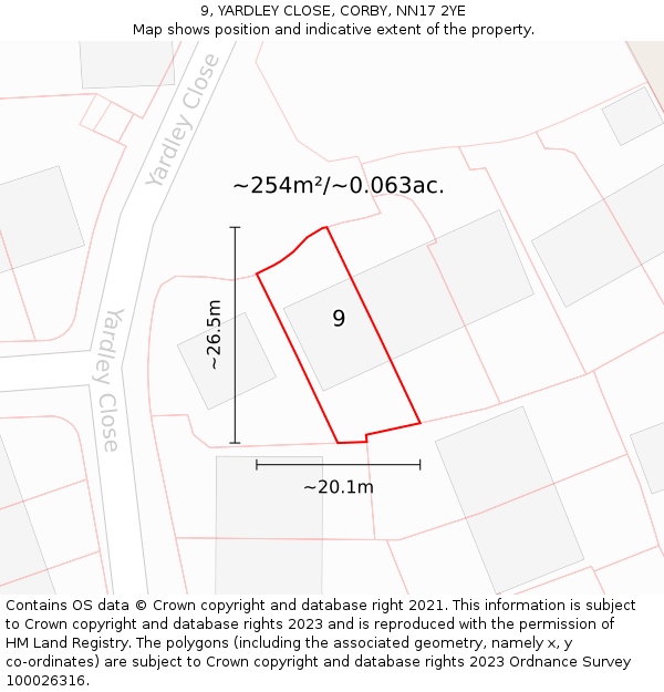 9, YARDLEY CLOSE, CORBY, NN17 2YE: Plot and title map