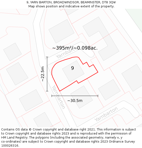 9, YARN BARTON, BROADWINDSOR, BEAMINSTER, DT8 3QW: Plot and title map