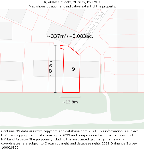 9, YARNER CLOSE, DUDLEY, DY1 2UR: Plot and title map
