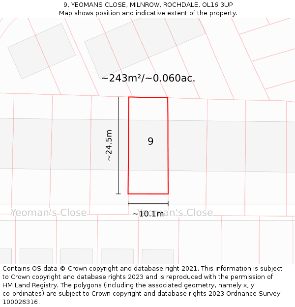 9, YEOMANS CLOSE, MILNROW, ROCHDALE, OL16 3UP: Plot and title map