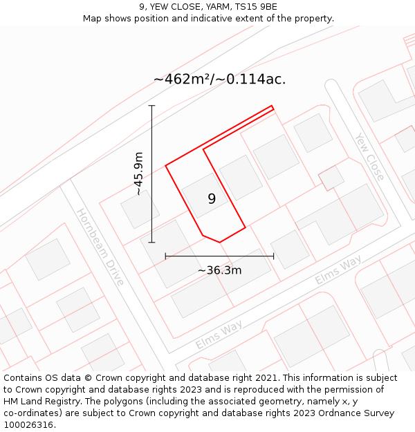 9, YEW CLOSE, YARM, TS15 9BE: Plot and title map