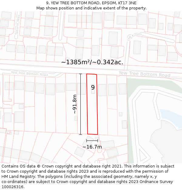 9, YEW TREE BOTTOM ROAD, EPSOM, KT17 3NE: Plot and title map