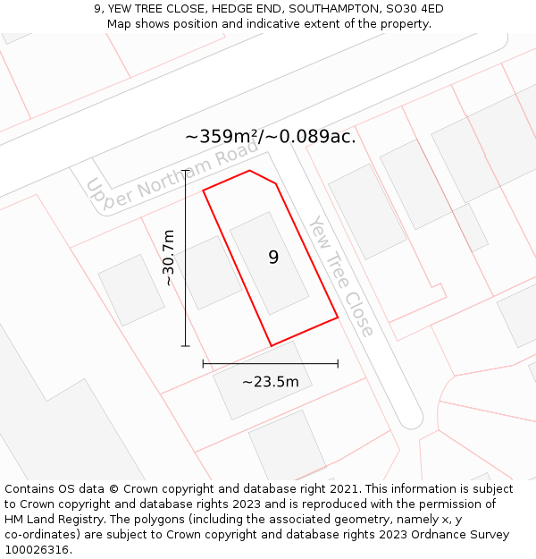 9, YEW TREE CLOSE, HEDGE END, SOUTHAMPTON, SO30 4ED: Plot and title map