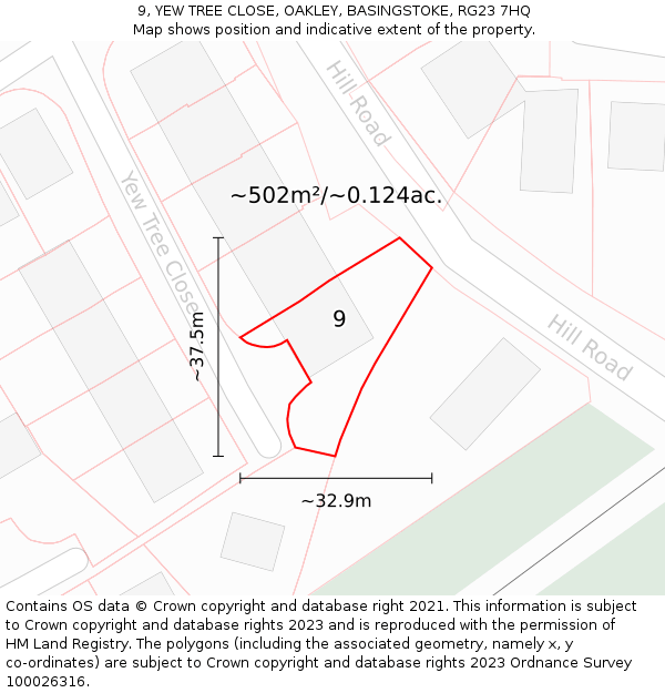 9, YEW TREE CLOSE, OAKLEY, BASINGSTOKE, RG23 7HQ: Plot and title map
