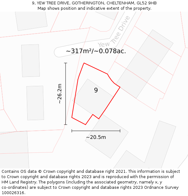 9, YEW TREE DRIVE, GOTHERINGTON, CHELTENHAM, GL52 9HB: Plot and title map