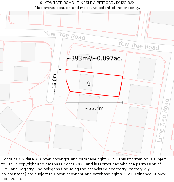 9, YEW TREE ROAD, ELKESLEY, RETFORD, DN22 8AY: Plot and title map