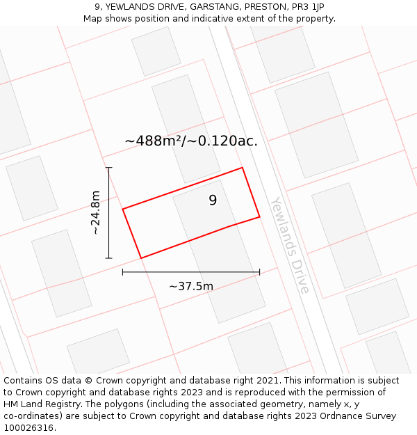 9, YEWLANDS DRIVE, GARSTANG, PRESTON, PR3 1JP: Plot and title map