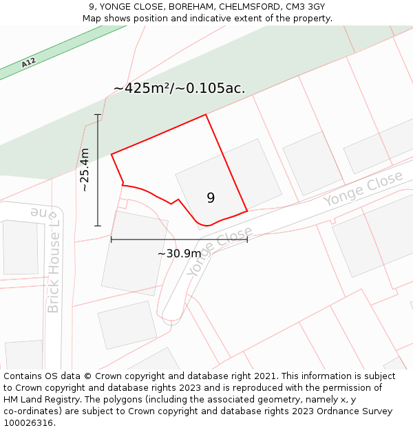 9, YONGE CLOSE, BOREHAM, CHELMSFORD, CM3 3GY: Plot and title map