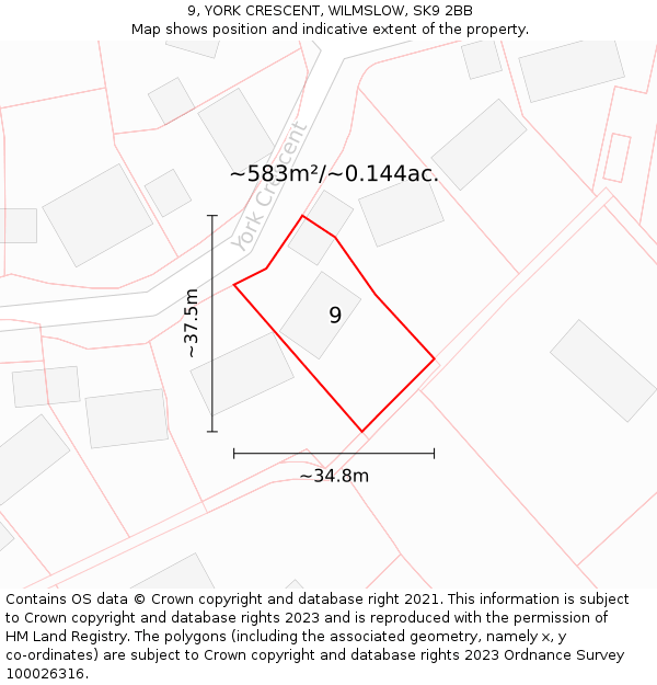 9, YORK CRESCENT, WILMSLOW, SK9 2BB: Plot and title map