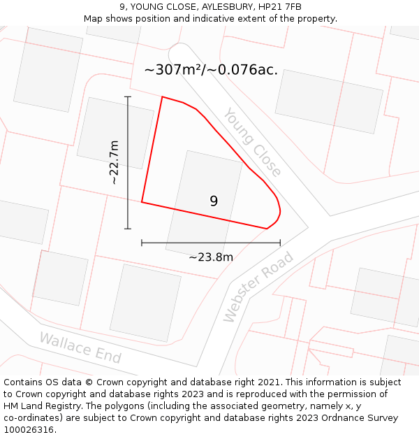 9, YOUNG CLOSE, AYLESBURY, HP21 7FB: Plot and title map