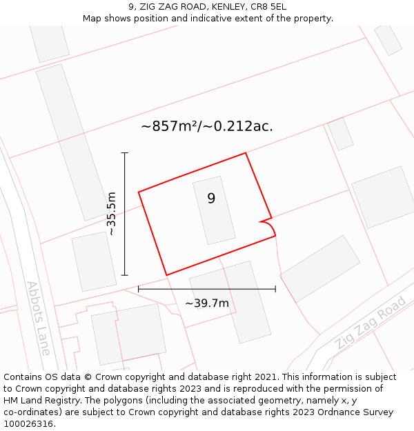 9, ZIG ZAG ROAD, KENLEY, CR8 5EL: Plot and title map